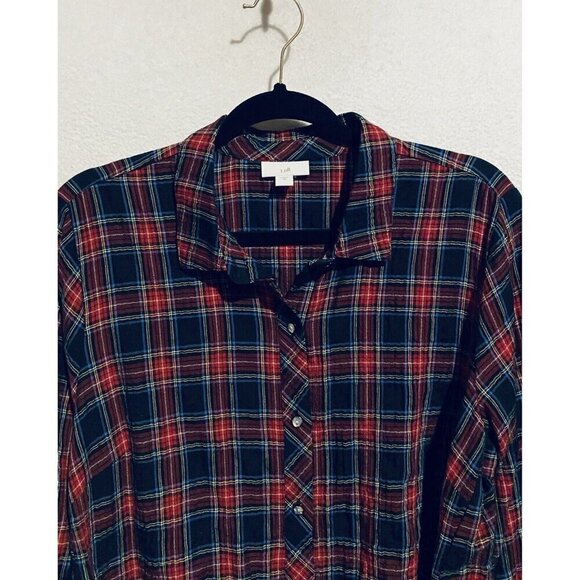 J Jill Top Womens Medium Black Multicolor Plaid Tie Front Button Front Preppy - Picture 3 of 10